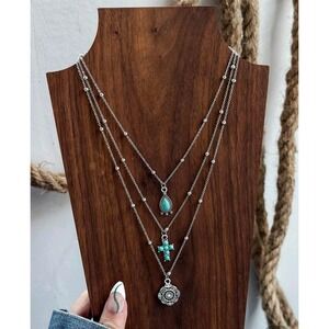 Boho Layered Silver Necklace Set with Turquoise Charms and Cross Pendant